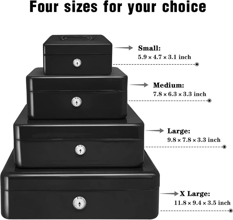 PACOLO Steel Cash Box with Key Lock, Metal Small Money Organizer with Money Tray,Cash Storage Box with Lockable Cover (Black - 12 inch) - Image 3